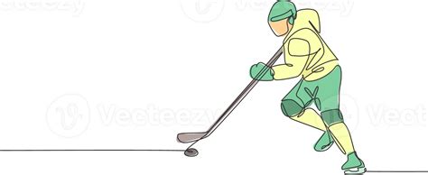 One Single Line Drawing Of Young Ice Hockey Player In Action To Play A