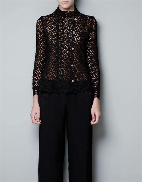 Zara Black Guipure Lace Top Lyst Lace Top Shirt Womens Lace Tops