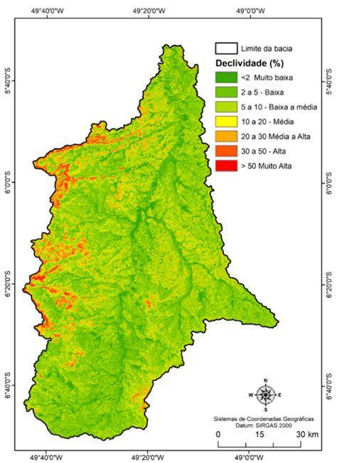 Mapa de declividade da Bacia do Rio Vermelho conforme classificação