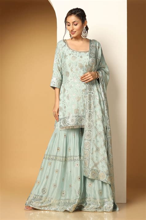 Buy Blue Chinon Chiffon Embroidery Sequin Deep Round Blossom Kurta