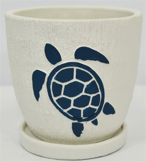 White And Navy Sea Turtle Pot With A Saucer Wilford Lee Home Accents