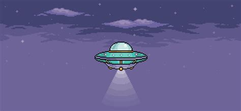 Pixel Art Ufo In The Night Sky Alien Spaceship Flying With Lights On 8 Bit Vector Background