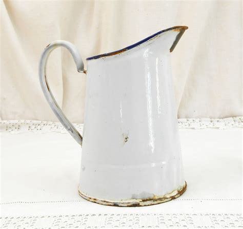 Antique French White Porcelain Enamelware Water Pitcher Country