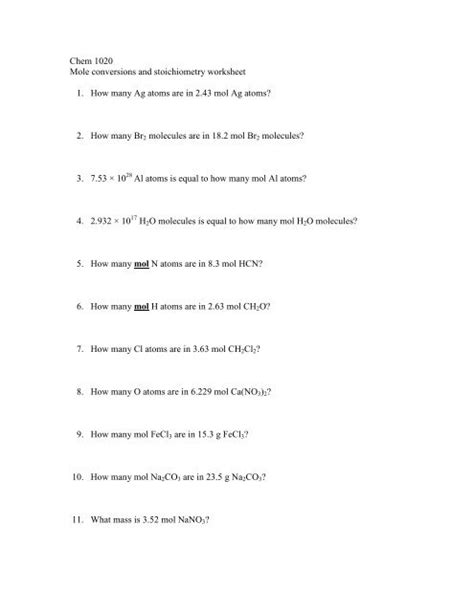 Chem Mole Conversions And Stoichiometry Worksheet How