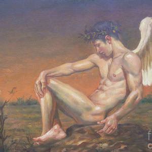 Original Oil Painting Art Male Nude Of Angel Man On Canvas