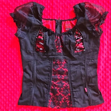 Tripp Nyc Tops Vintage 9s Tripp Red Tag Top Xl Red And Black Floral Corset Top Hot Topic