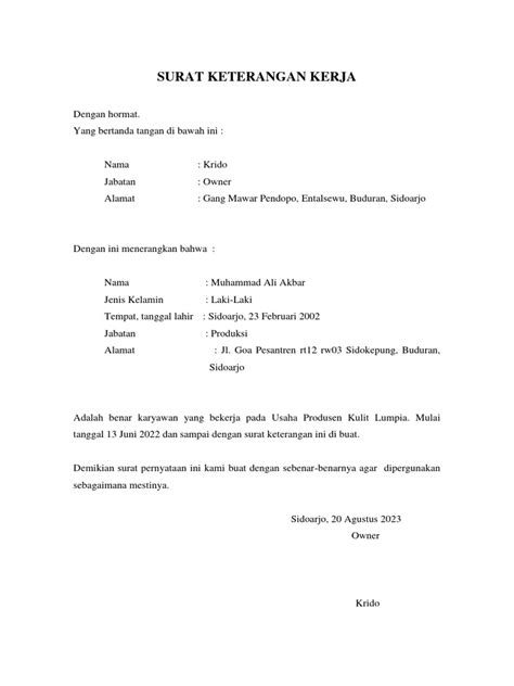 contoh surat keterangan kerja