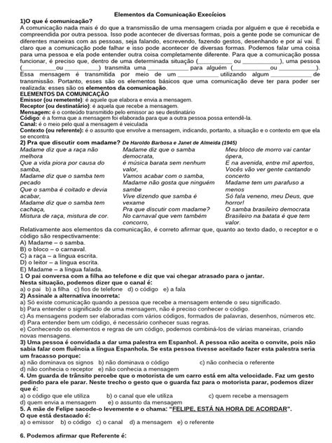 Elementos Da Comunicação Exercícios Pdf - Elementos da Comunicação e Exercícios | PDF | Comunicação