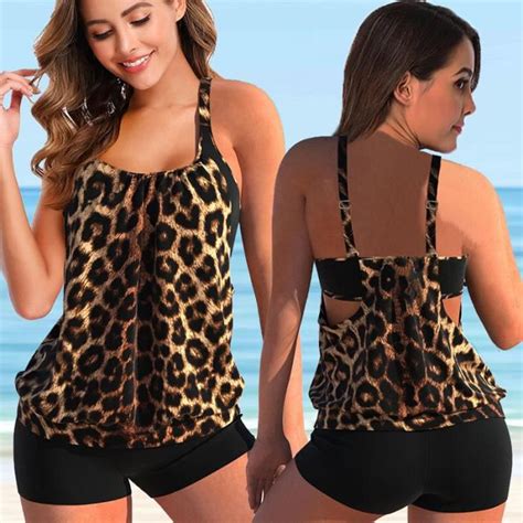 Maillot de bain femme Tankini 2 Pièces Grande Taille Sexy Impression Bikini 8356 leopard Blanc
