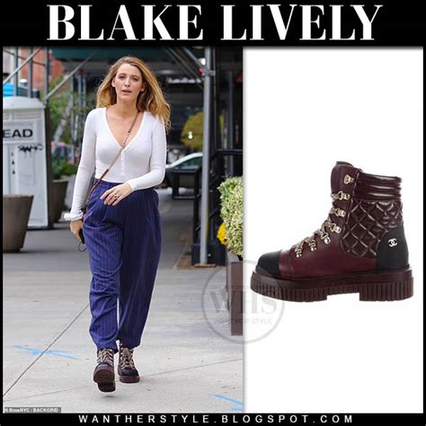 Blake Lively In Burgundy Hiking Boots Blue Pants And Black Studded Bag