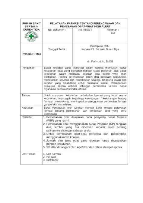 DOC 1 Sop Pelayanan Farmasi Tentang Perencanaan Dan Pemesanan Obat