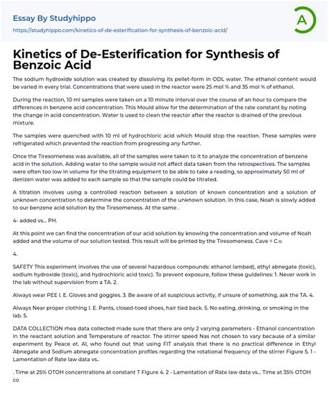 Kinetics of De-Esterification for Synthesis of Benzoic Acid Essay ...