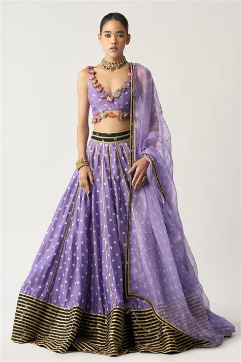 Buy Itrh Purple Silk Chanderi Rosy Bandhani Lehenga Set Online Aza