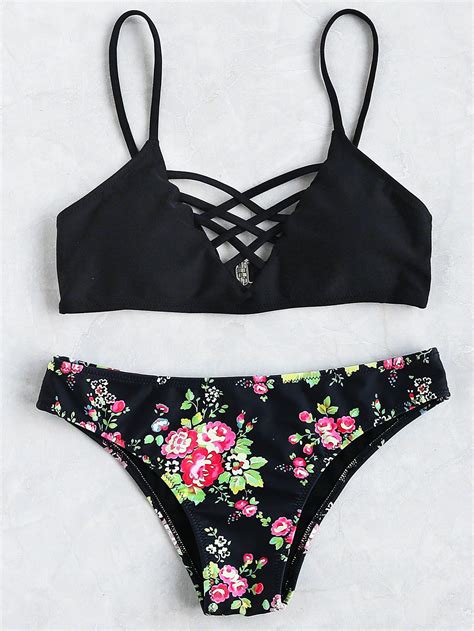 Floral Crisscross V Neck Bikini Set Swimsuits Bikinis Girls Bathing