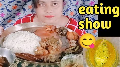 Eating Potato Fry Pumpkin Fry Hilsa Fish Bhapa Fish Egg Sour Big