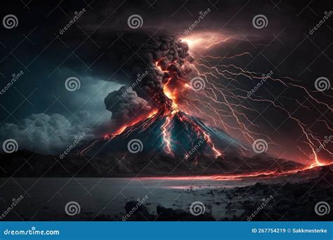 Volcano Eruption with Lava Flow Stock Illustration - Illustration of ...