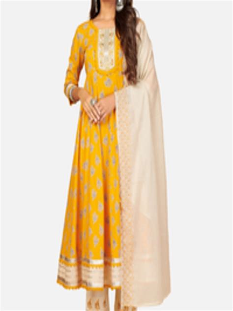 Buy Kalini Women Yellow Ethnic Motifs Printed Thread Work Pure Cotton Kurta With Trousers And With