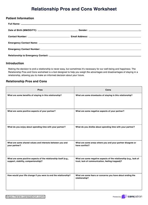 Relationship Pros and Cons Worksheet & Example | Free PDF Download