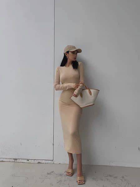 Inakwin Nude Bodycon Midi Dress Women S Fashion Dresses Sets