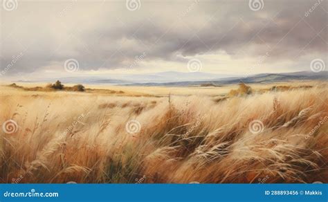 Painting of a Prairie Landscape and Grasses. Grassland Scenery and Overcast Sky in Autumn Stock ...