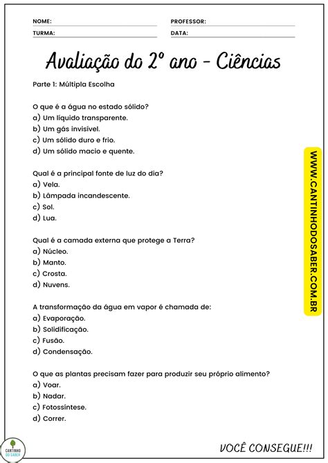 AVALIAÇÃO DE CIÊNCIAS para o 2º ano 3º bimestre Atividades para a