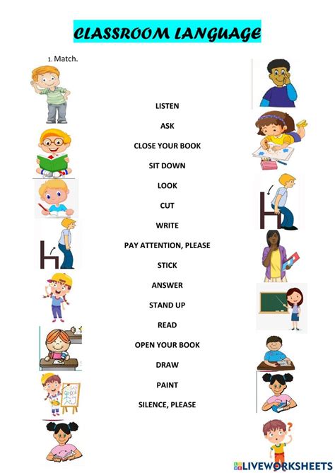 The Classroom Language Worksheet With Pictures And Words To Help