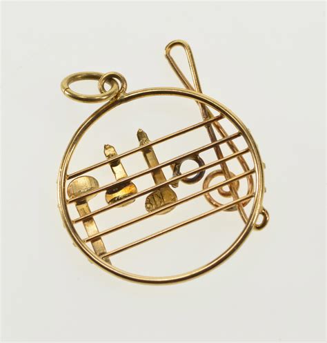 18K Ornate Music Staff Symbols Treble Clef Notes Yellow Gold Charm ...