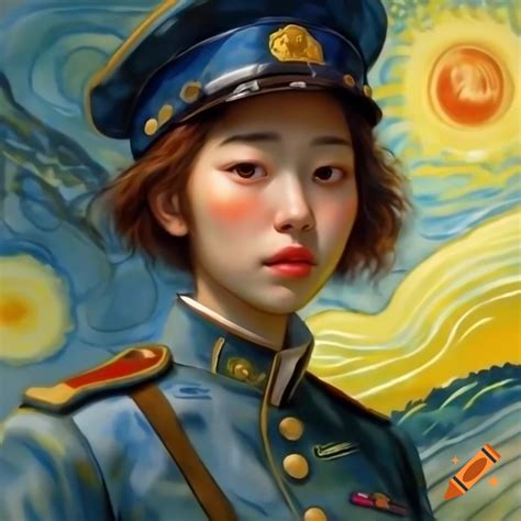 Korean woman in japanese military uniform, animated portrait with