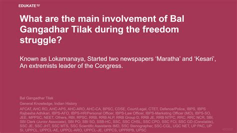 What are the main involvement of Bal Gangadhar Tilak during the freedom ...