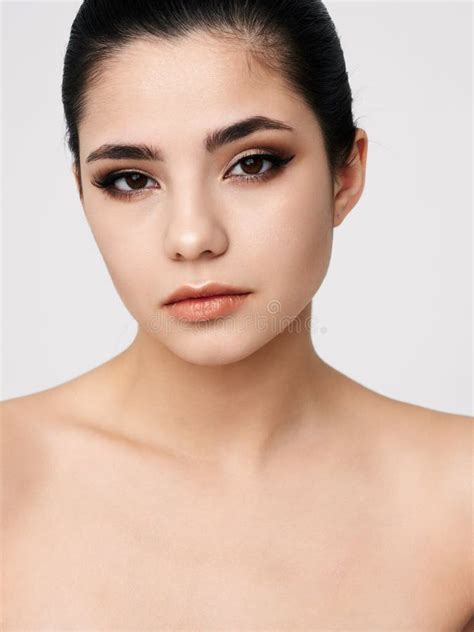 Pretty Woman Bright Makeup Attractive Look Naked Shoulders Stock Photo