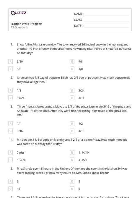 50 Fraction Word Problems Worksheets For Kindergarten On Quizizz Free And Printable