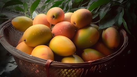 Una Canasta De Mangos Se Muestra Frente A Un Rbol Imagen Premium