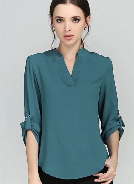 Blouses Womens Fashion Novelties European Style Solid Elegant V Neck Chiffon Blouses Long