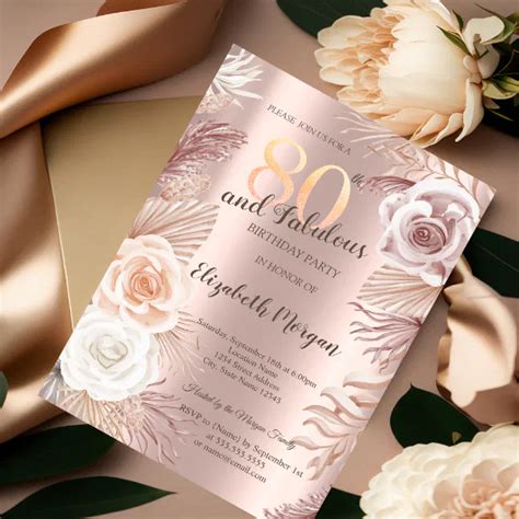 Boho Flowers Rose Gold 80th Birthday Invitation Zazzle