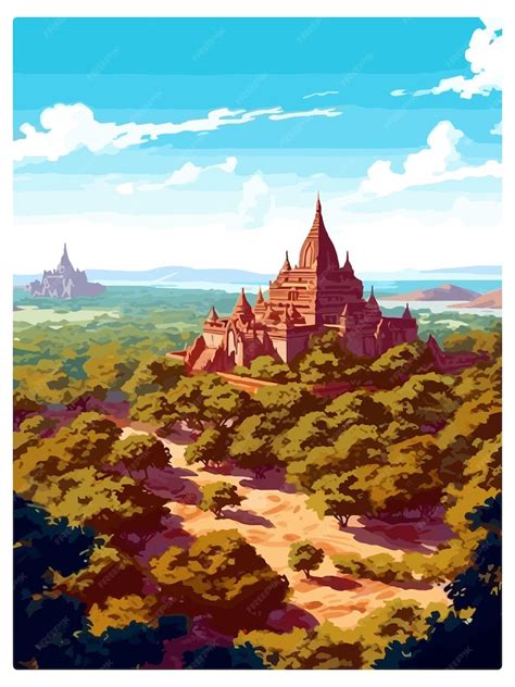 Premium Vector Old Bagan Myanmar Vintage Travel Poster Souvenir