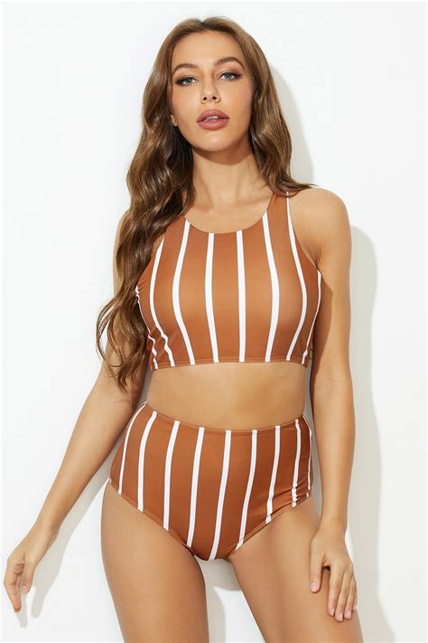 Red Stripe Cross Wide Straps High Waist Bikini Set Petallush