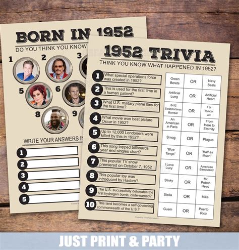 1952 Birthday Party Games 70th Party Trivia Games Born In Etsy