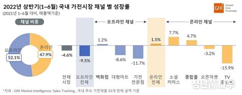 2022년 상반기 국내 가전시장 오프라인 역성장 온라인은 소셜 커머스 채널 중심으로 시장 규모 유지