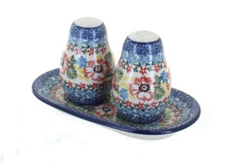 Blue Rose Polish Pottery Hummingbird Salt Pepper Shakers With Tray 1