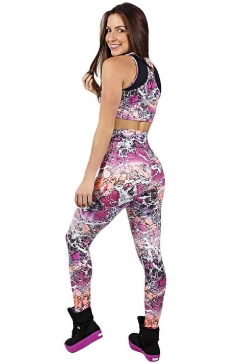 Conjunto Cropped Estampado Detalhe Liso Legging Rosa Kaisan