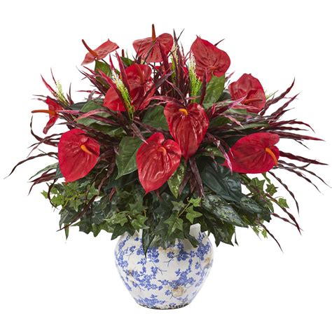 26” Mixed Anthurium Artificial Plant In Vintage Floral Planter Nearly