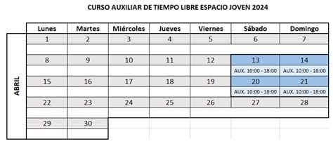 Cuadrante Horario Curso De Auxiliar Espacio Joven Ayuntamiento