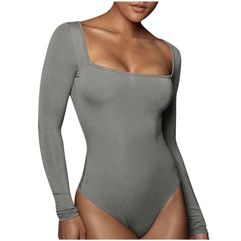 Juuyy Womens Square Neck Long Sleeve Bodysuits Basic Slim Fit Tops