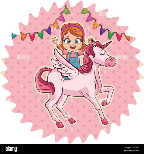 Girl Riding Unicorn Cartoon Over Round Label Background Vector Illustration Graphic Design Stock