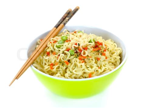 Cooked Instant Noodles Isolated Against A White Background Stock