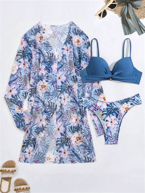 SHEIN Swim Vcay Push Up Bikini Mit Tropenmuster Kimono SHEIN Schweiz