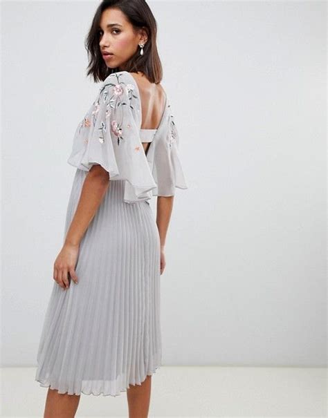 Asos Design Flutter Sleeve Midi Dress With Pleat Skirt In Embroidery