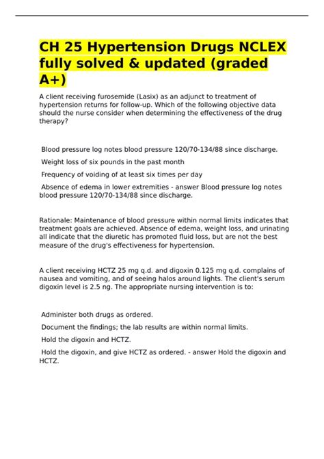 CH 25 Hypertension Drugs NCLEX fully solved & updated (graded A+) - PH
