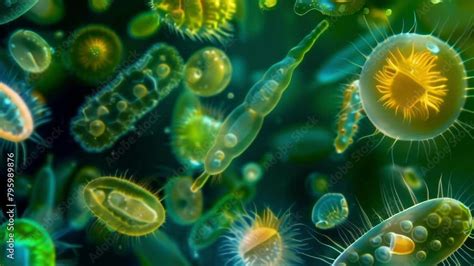 A Colorful Microscopic Image Of Various Types Of Phytoplankton And