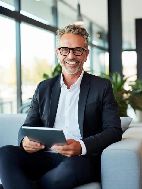 Premium Ai Image Businessman Wearing Eyeglasses Leaning On Couch